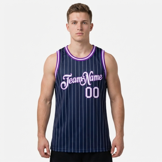 Custom Navy & White/Purple Pinstripes Basketball City Edition Jersey