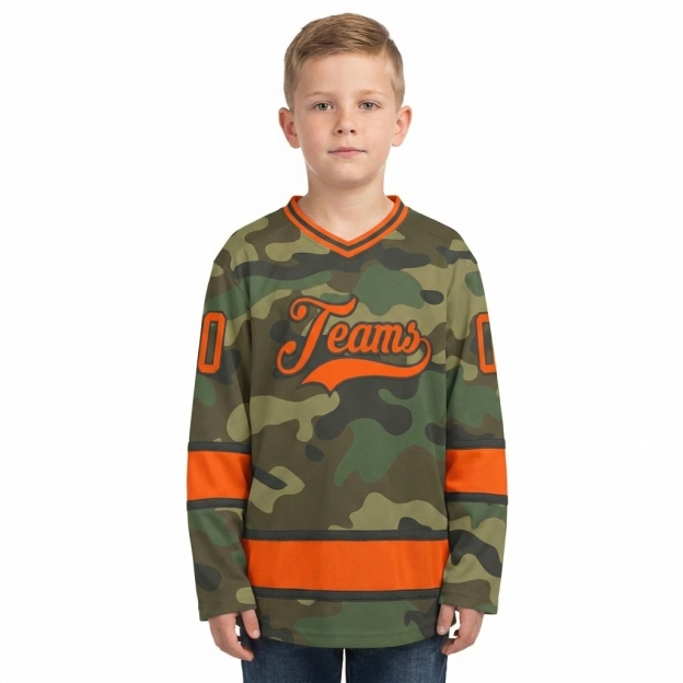Custom Camo Orange & Black Salute To Service Hockey Jersey