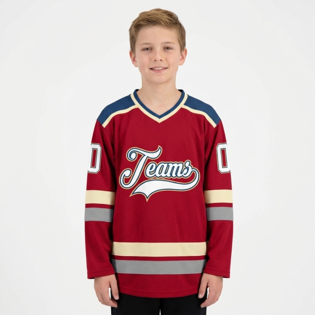 Custom Red & White/Navy-Cream Hockey Jersey