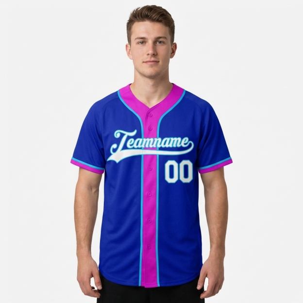 Custom Royal Blue & White/Pink Baseball Jersey