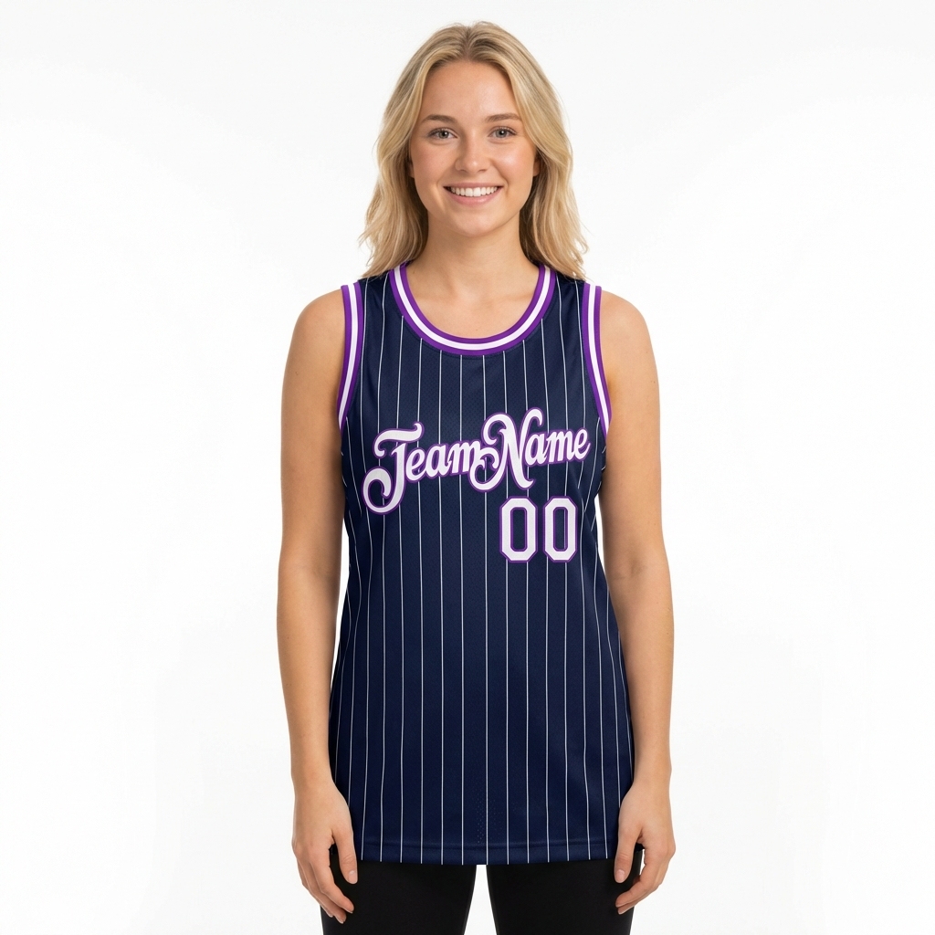 Custom Navy & White/Purple Pinstripes Basketball City Edition Jersey