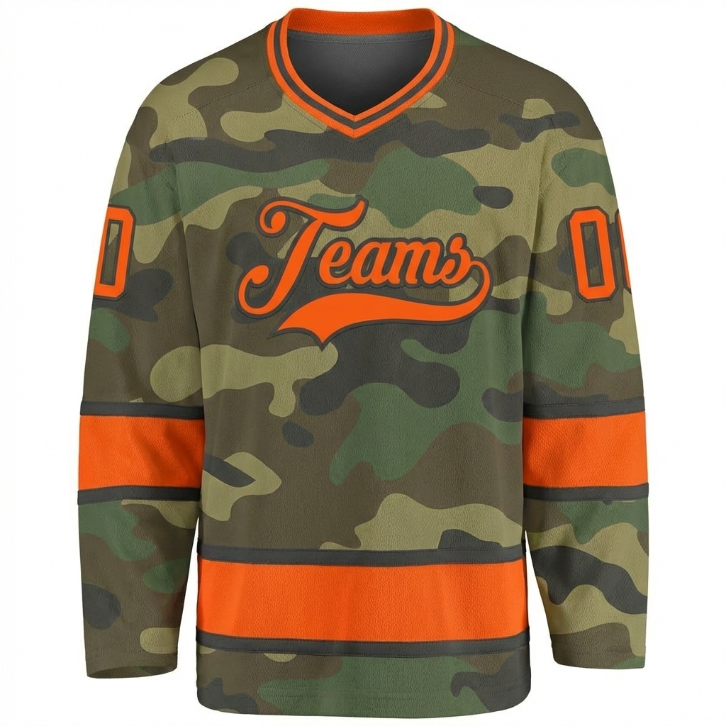 Custom Camo Orange & Black Salute To Service Hockey Jersey