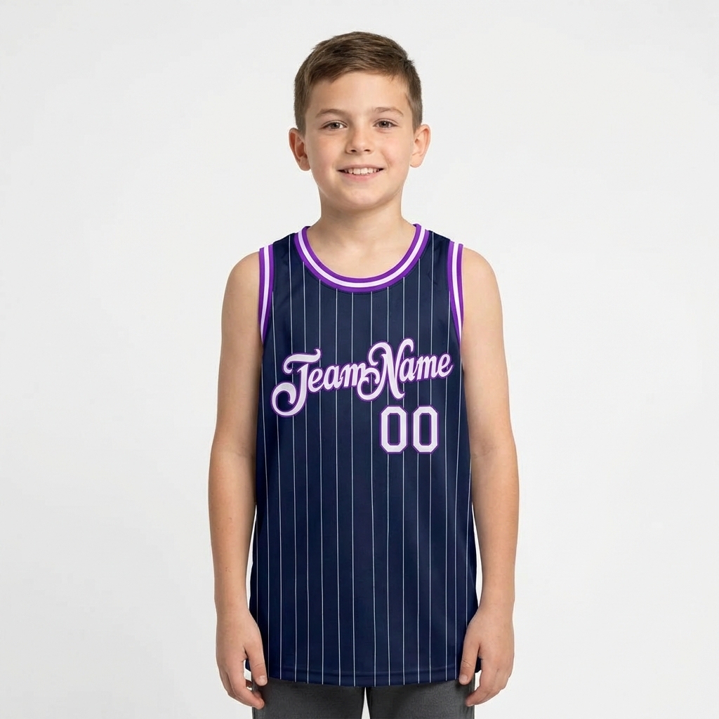 Custom Navy & White/Purple Pinstripes Basketball City Edition Jersey