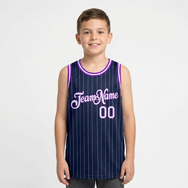 Custom Navy & White/Purple Pinstripes Basketball City Edition Jersey
