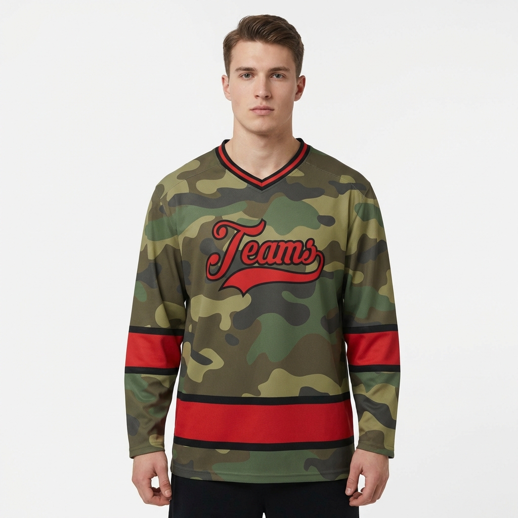 Custom Camo Red & Black Salute To Service Hockey Jersey