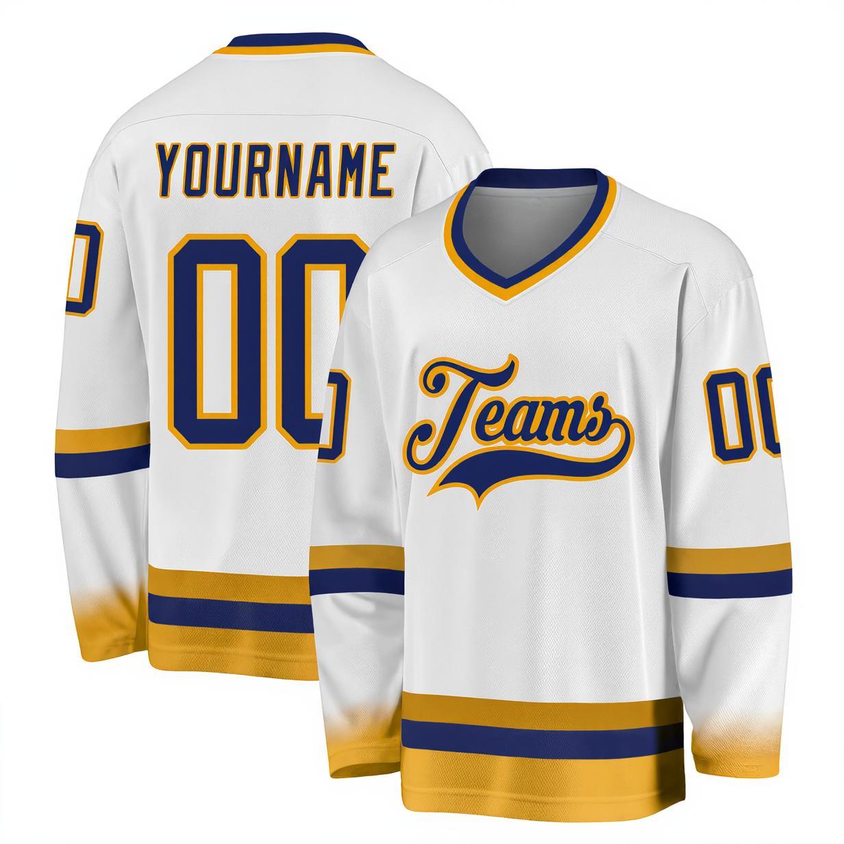 Custom White & Navy/Yellow Hockey Jersey