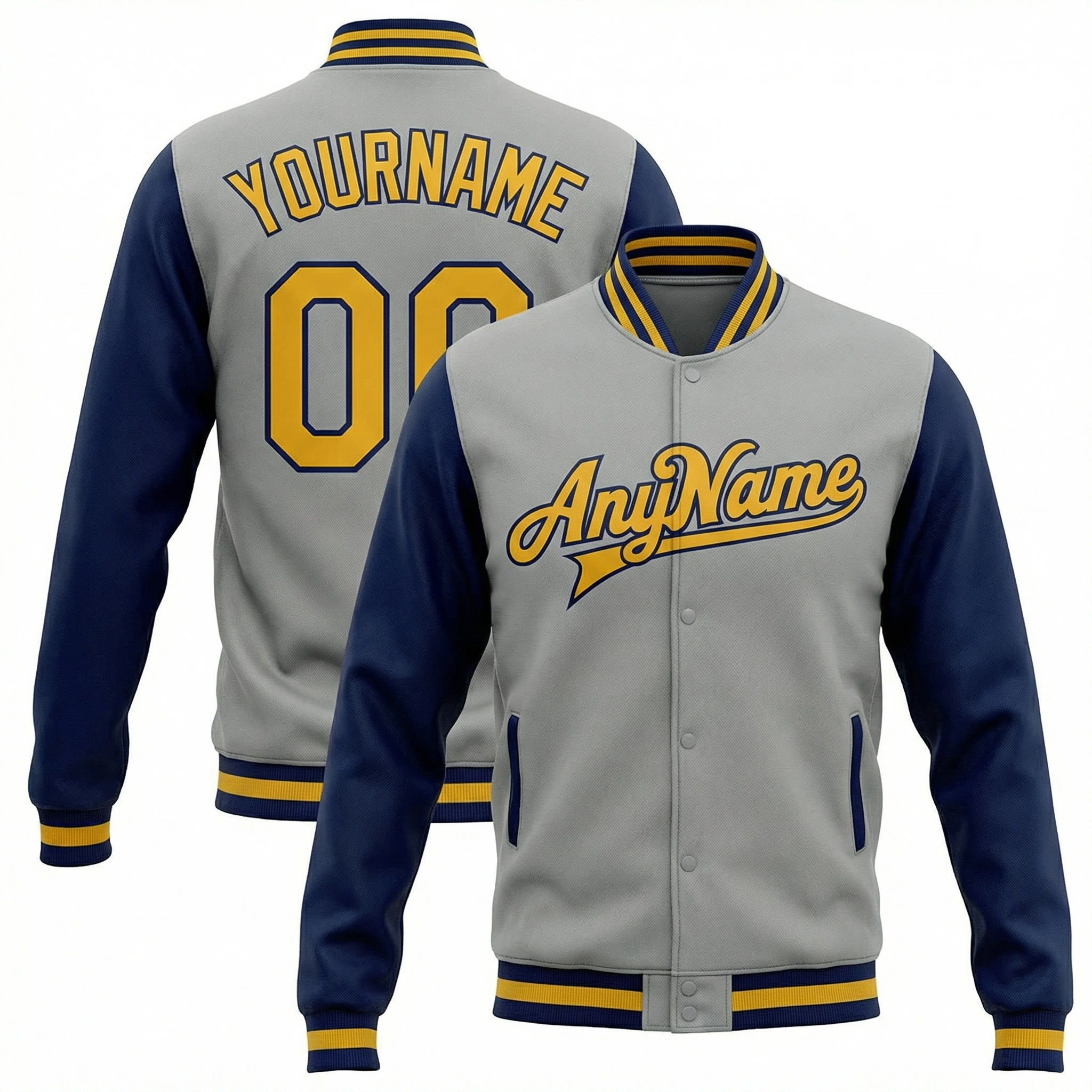 Custom Grey & Yellow/Royal Raglan Sleeves Full-Snap Fleece Jacket