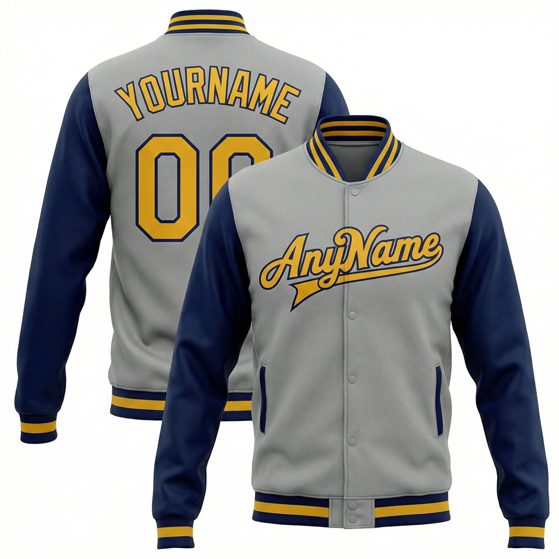 Custom Grey & Yellow/Royal Raglan Sleeves Full-Snap Fleece Jacket
