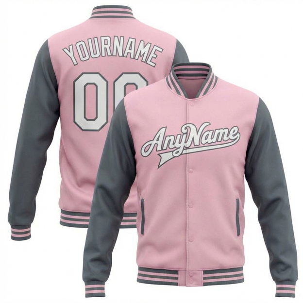 Custom Pink & White/Grey Raglan Sleeves Full-Snap Fleece Jacket