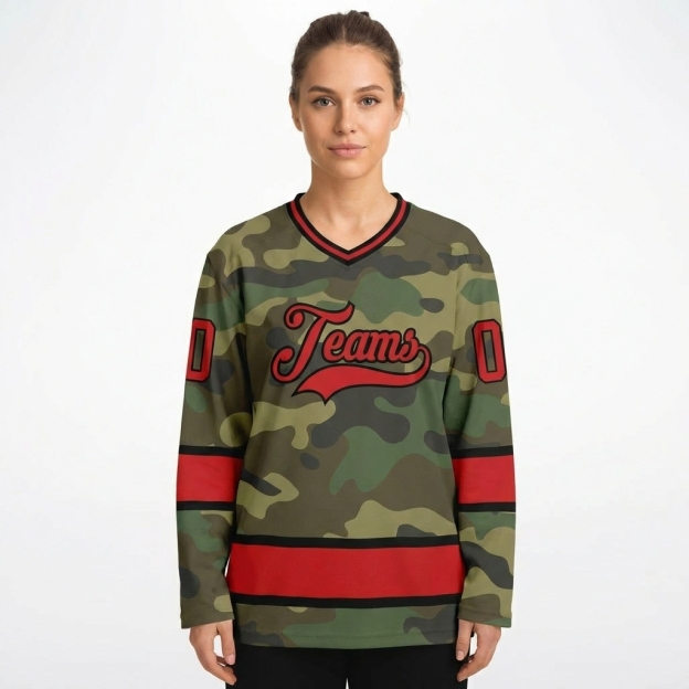 Custom Camo Red & Black Salute To Service Hockey Jersey