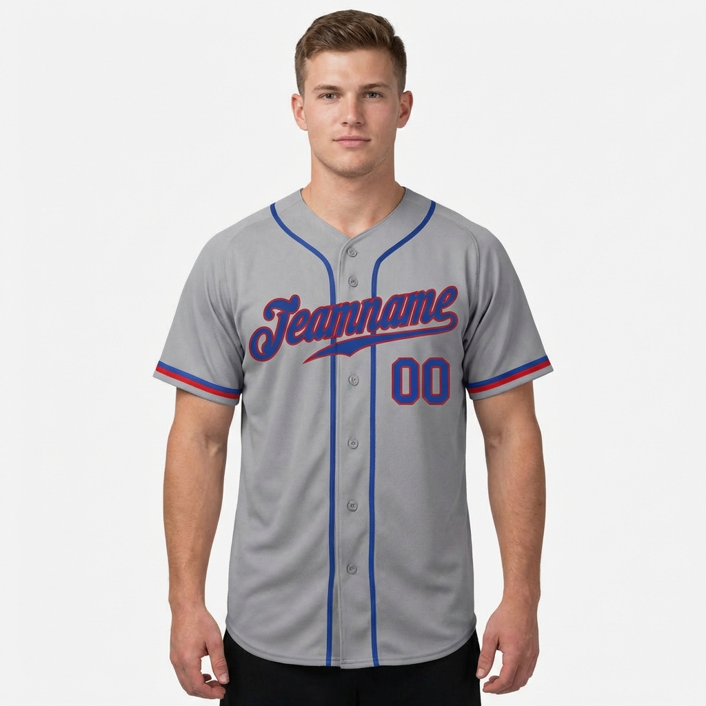 Custom Grey & Blue/Red Baseball Jersey
