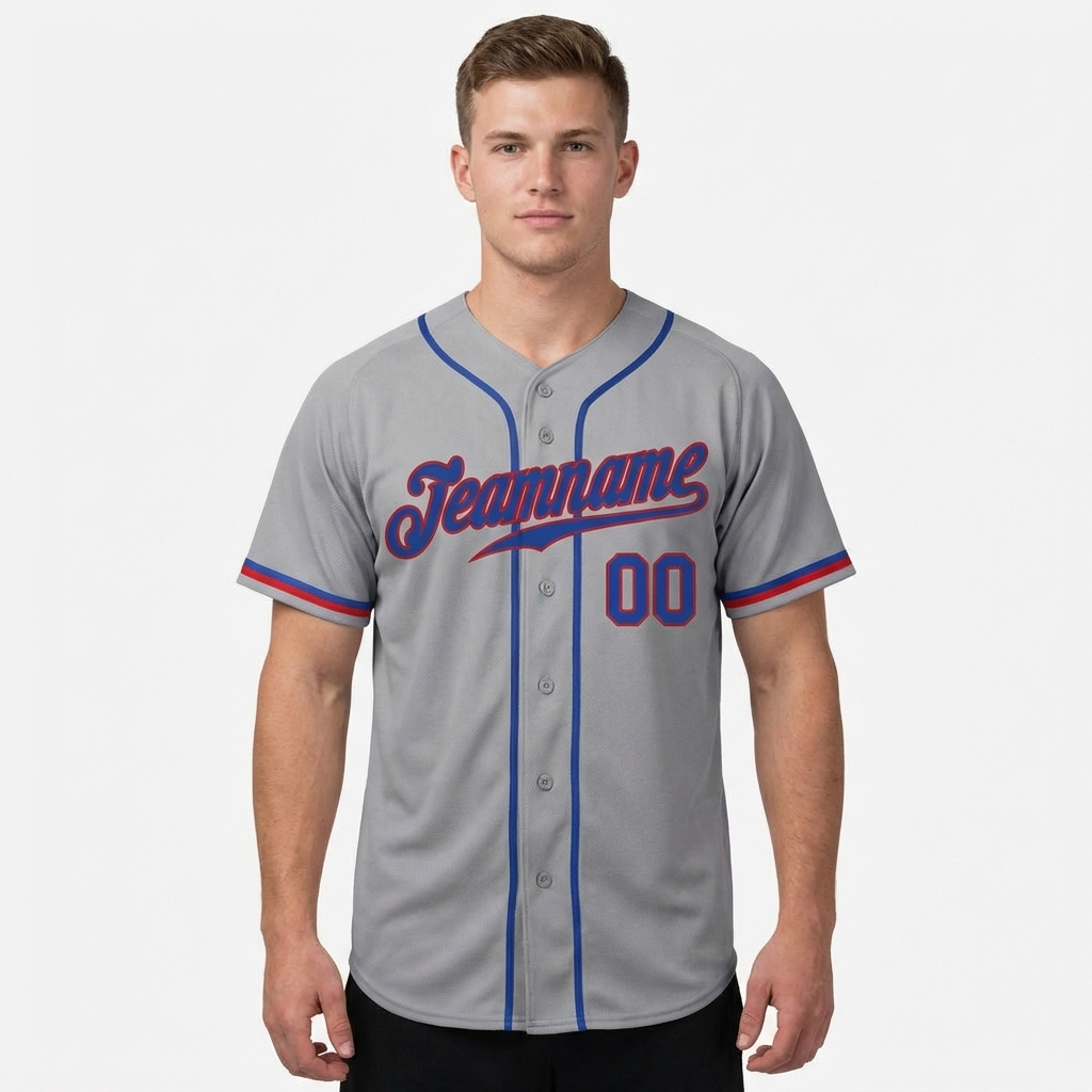 Custom Grey & Blue/Red Baseball Jersey