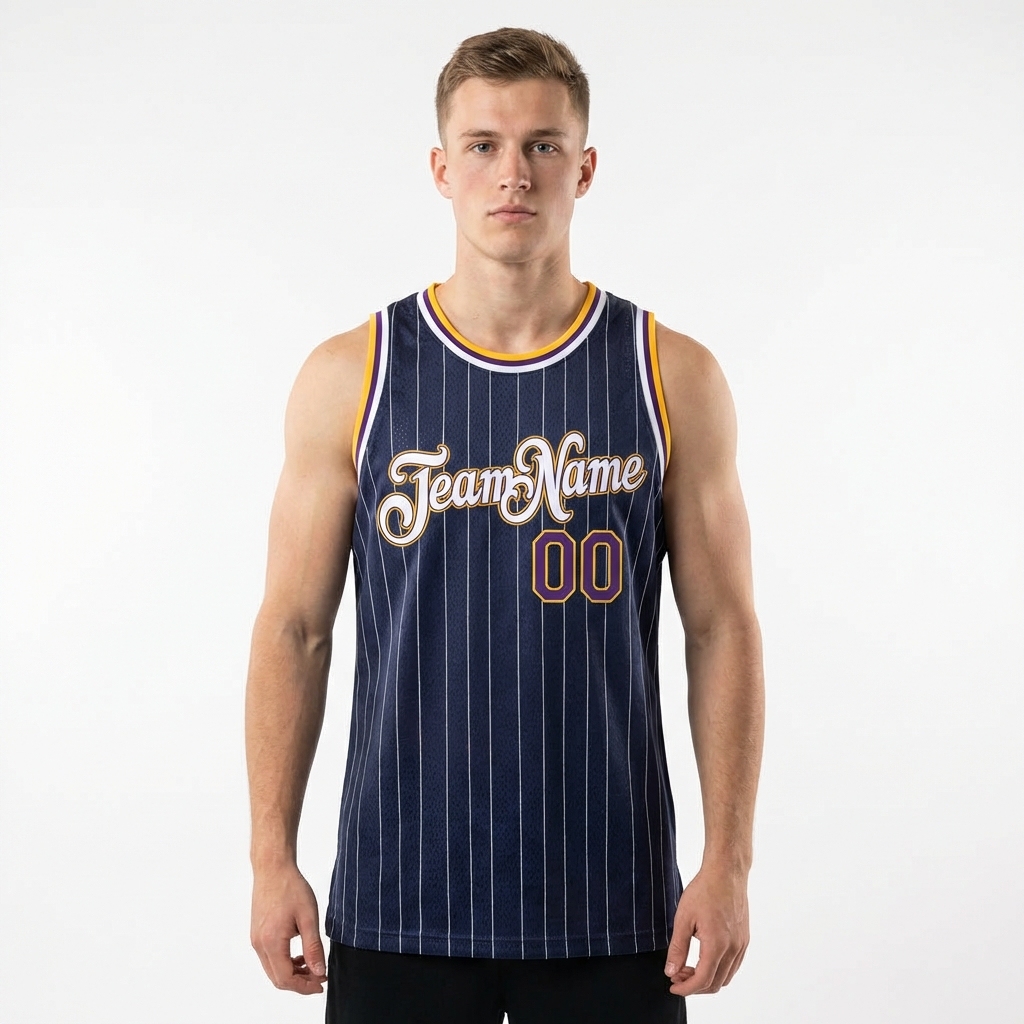 Custom Navy & White/Yellow Pinstripes Basketball City Edition Jersey