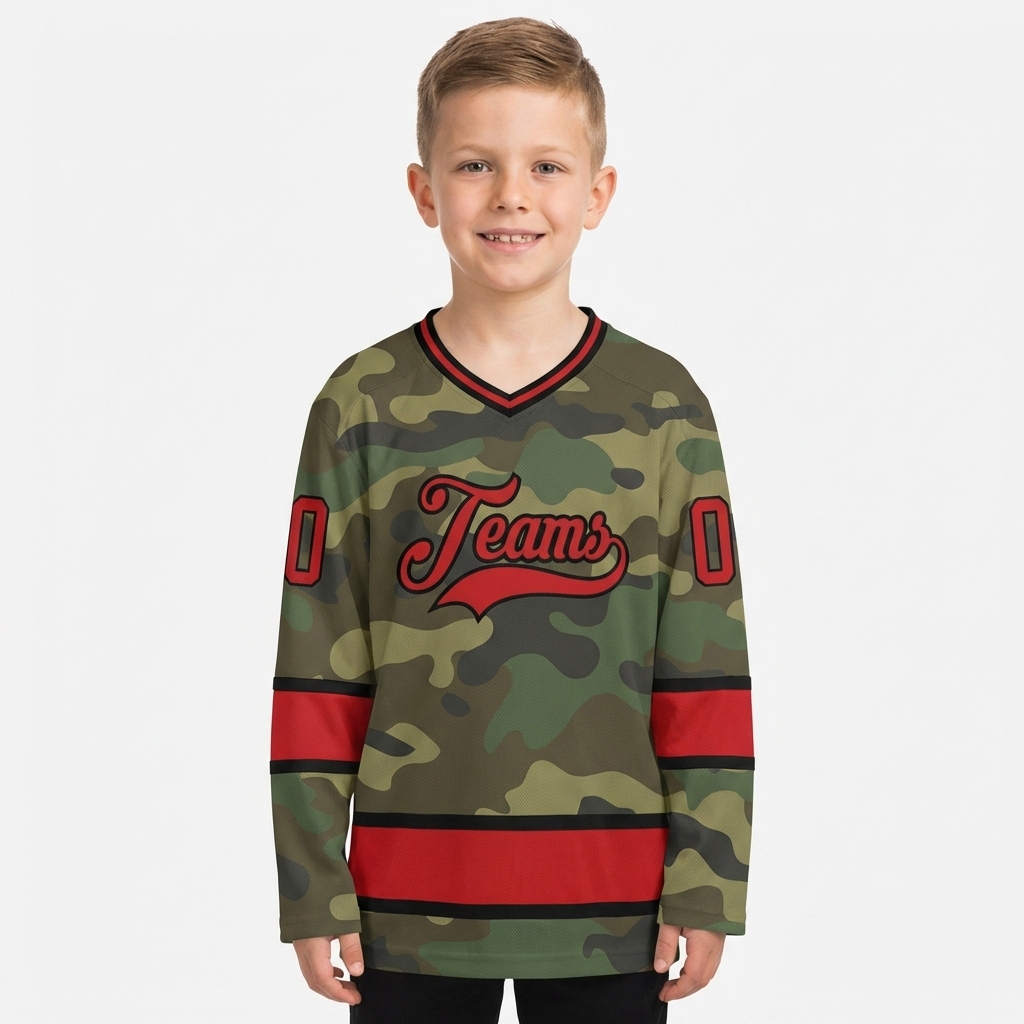 Custom Camo Red & Black Salute To Service Hockey Jersey