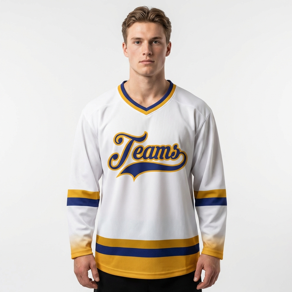 Custom White & Navy/Yellow Hockey Jersey