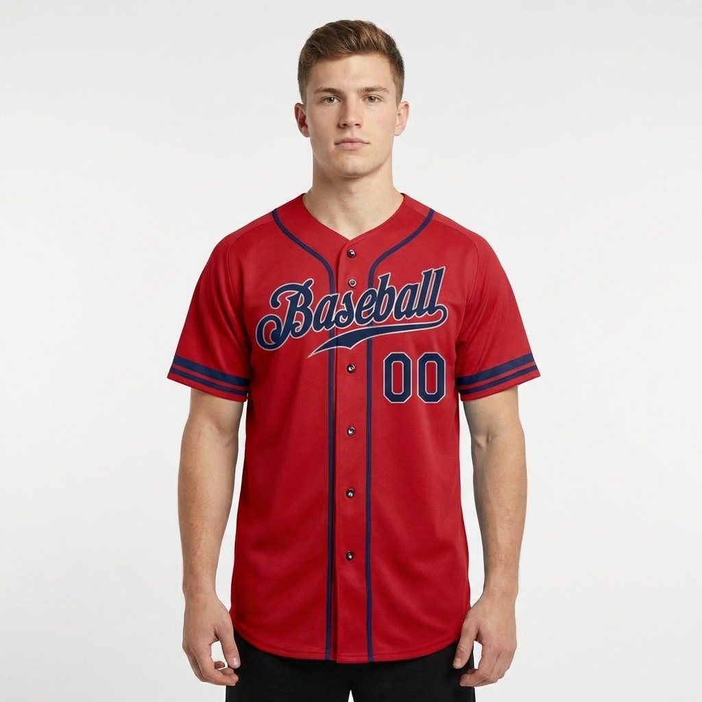 Custom Red & Navy/Sliver Baseball Jersey