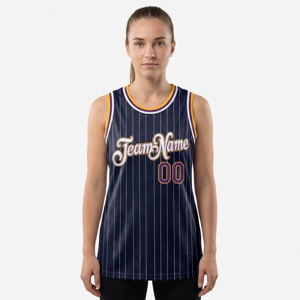 Custom Navy & White/Yellow Pinstripes Basketball City Edition Jersey