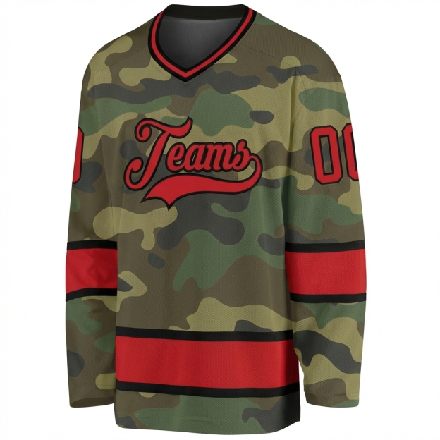 Custom Camo Red & Black Salute To Service Hockey Jersey