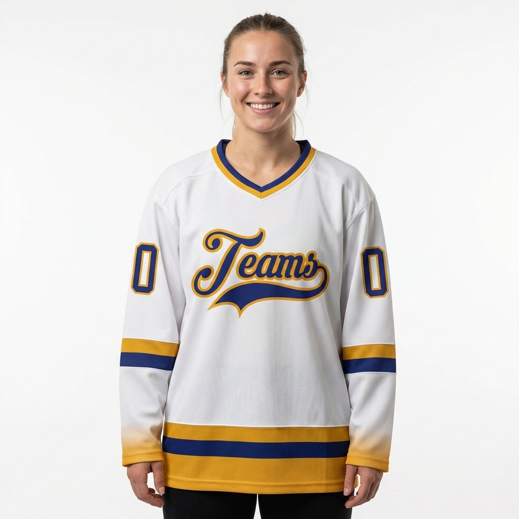 Custom White & Navy/Yellow Hockey Jersey