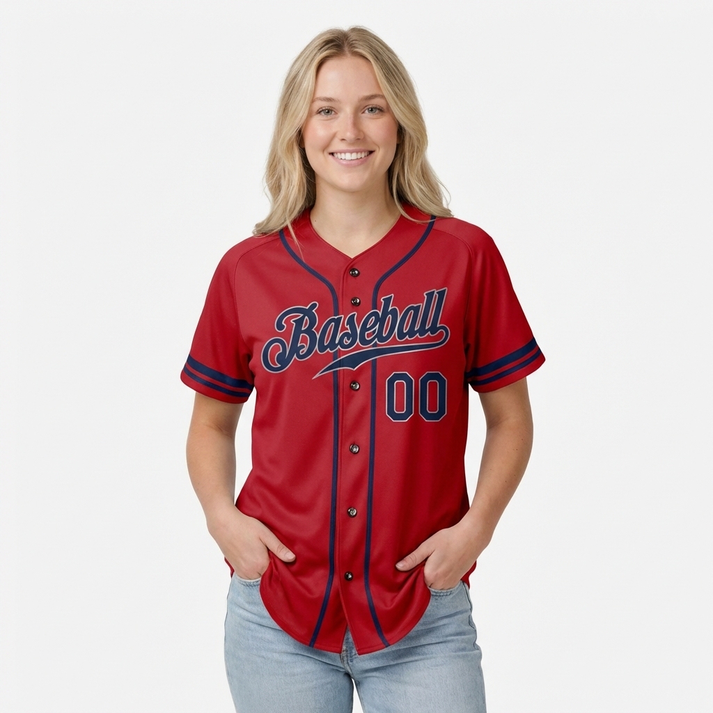 Custom Red & Navy/Sliver Baseball Jersey