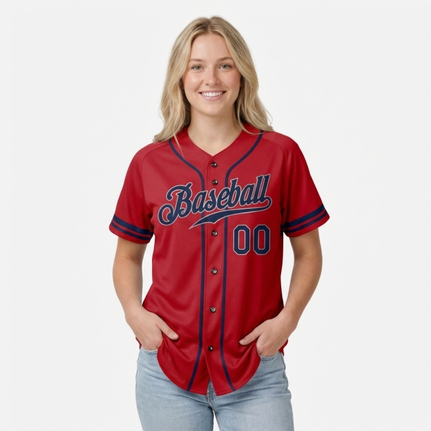 Custom Red & Navy/Sliver Baseball Jersey