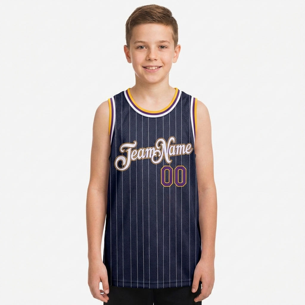 Custom Navy & White/Yellow Pinstripes Basketball City Edition Jersey