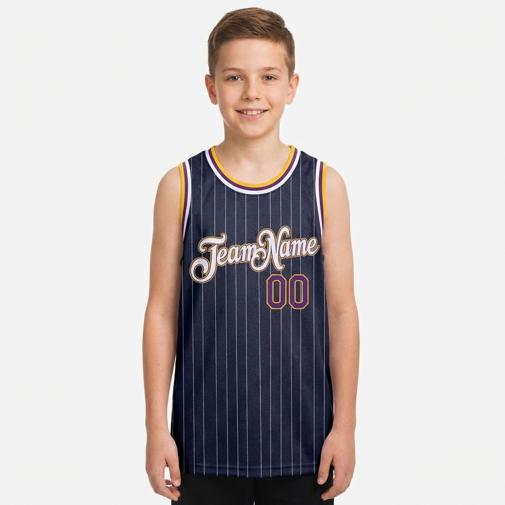 Custom Navy & White/Yellow Pinstripes Basketball City Edition Jersey