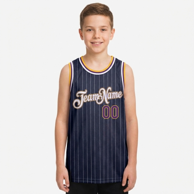 Custom Navy & White/Yellow Pinstripes Basketball City Edition Jersey