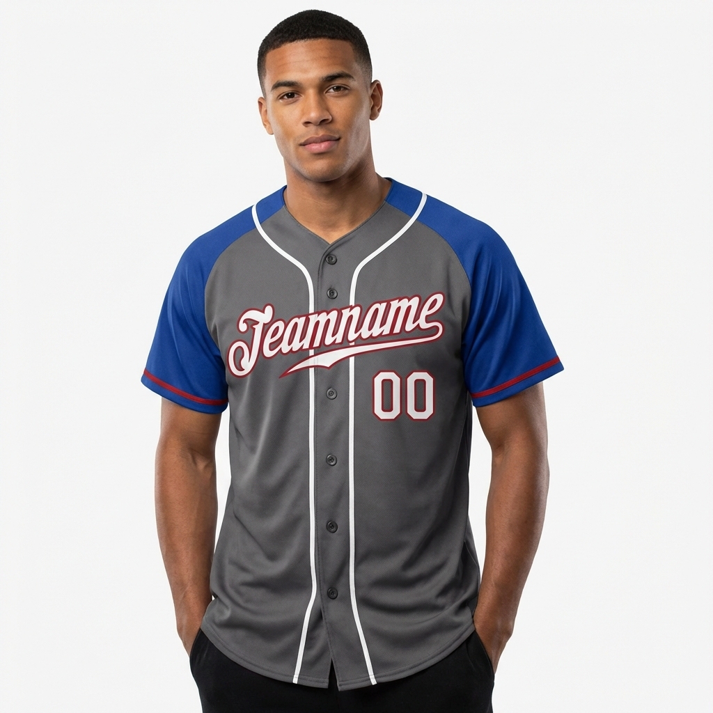 Custom Dark Grey & White/Blue Raglan Sleeves Baseball Jersey