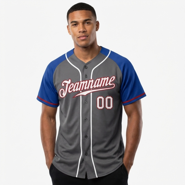Custom Dark Grey & White/Blue Raglan Sleeves Baseball Jersey