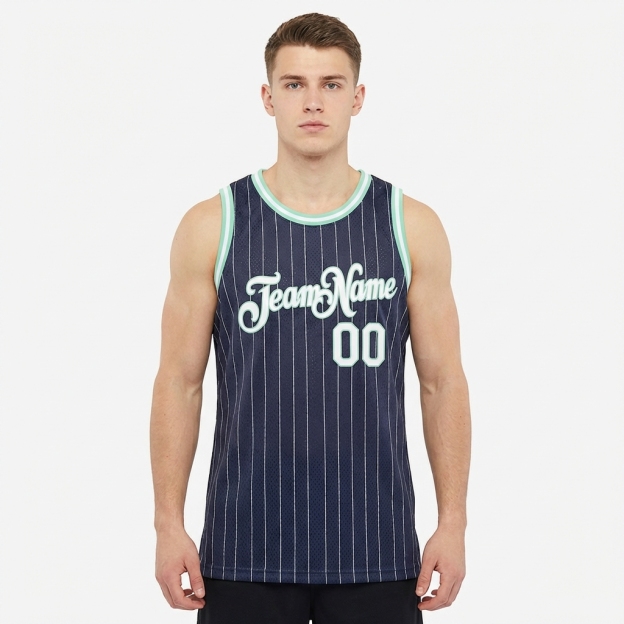 Custom Navy & White/Green Pinstripes Basketball City Edition Jersey