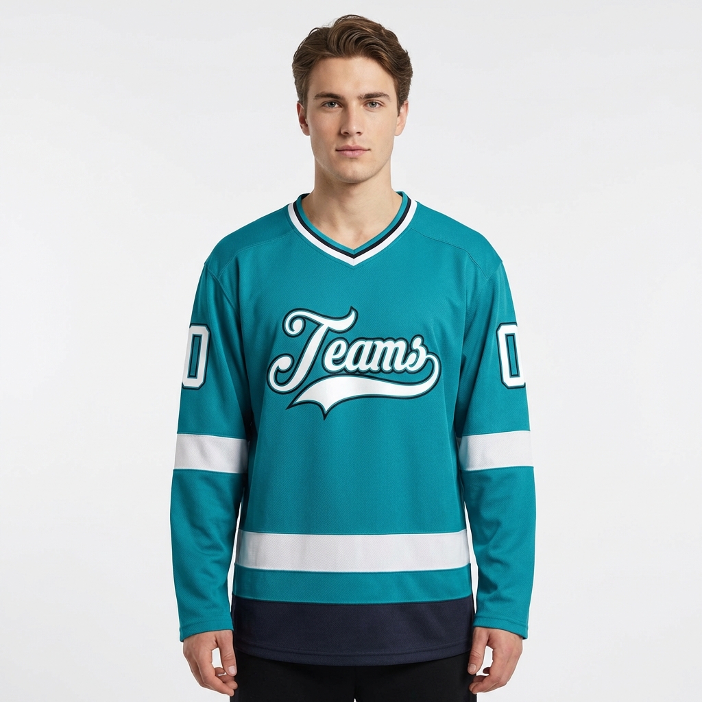 Custom Aqua & White/Black Hockey Jersey