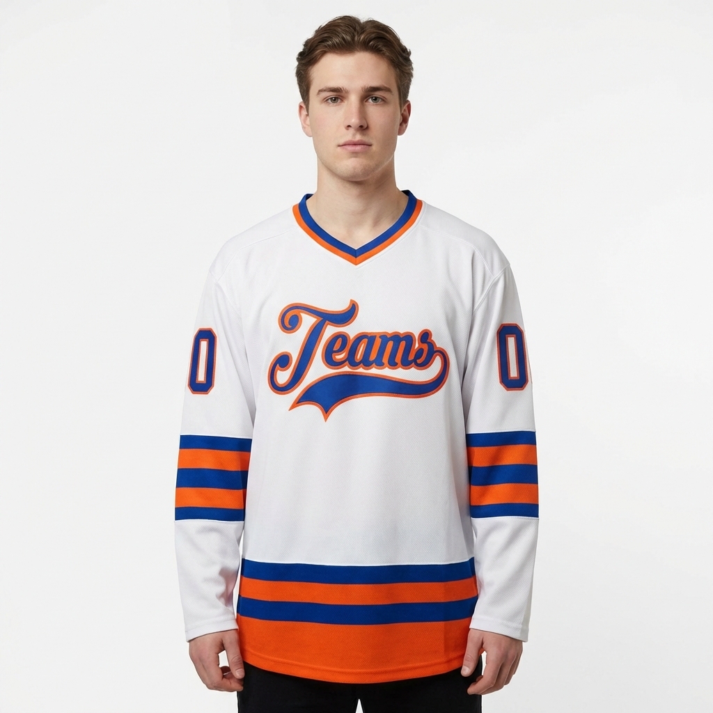Custom White & Royal/Orange Hockey Jersey