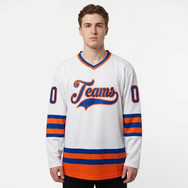 Custom White & Royal/Orange Hockey Jersey