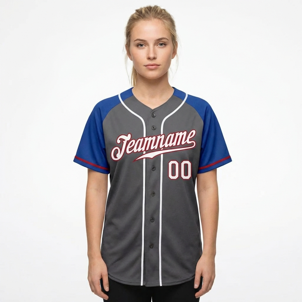 Custom Dark Grey & White/Blue Raglan Sleeves Baseball Jersey