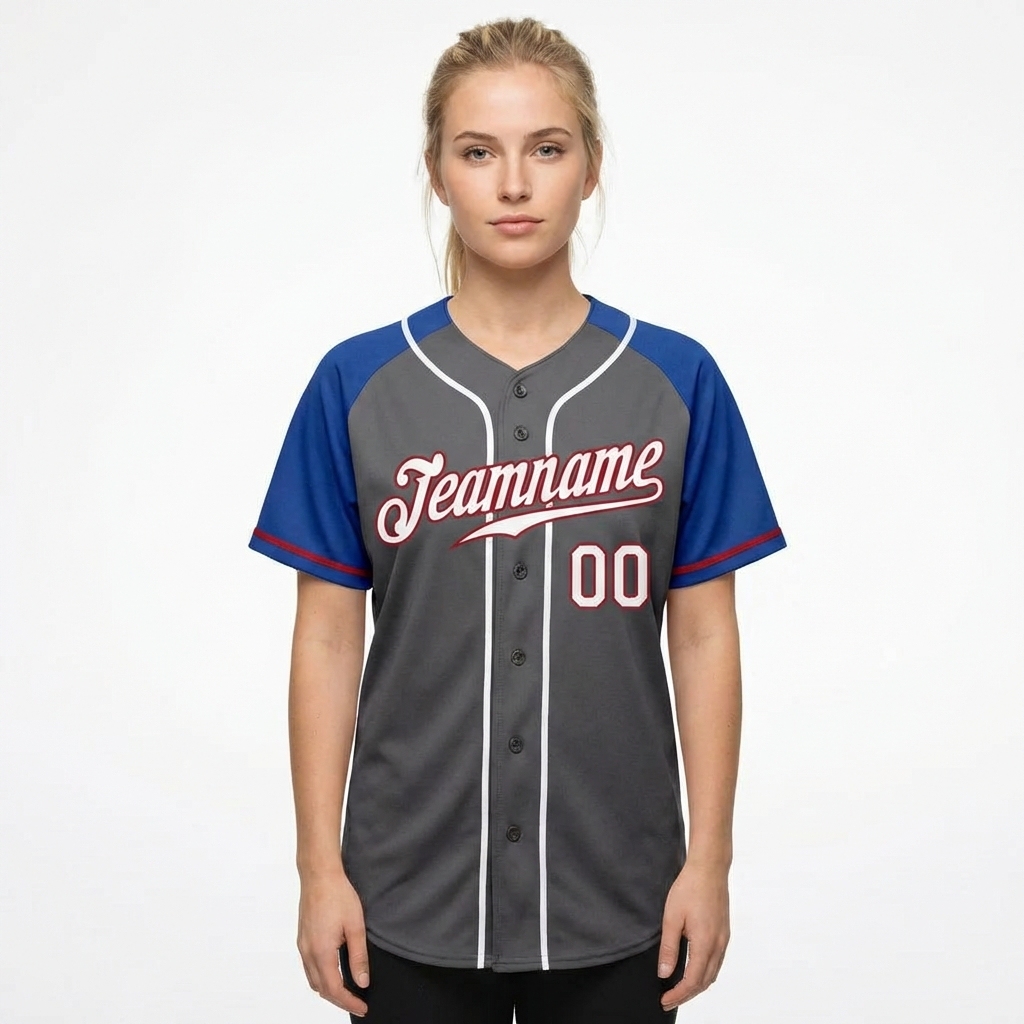 Custom Dark Grey & White/Blue Raglan Sleeves Baseball Jersey