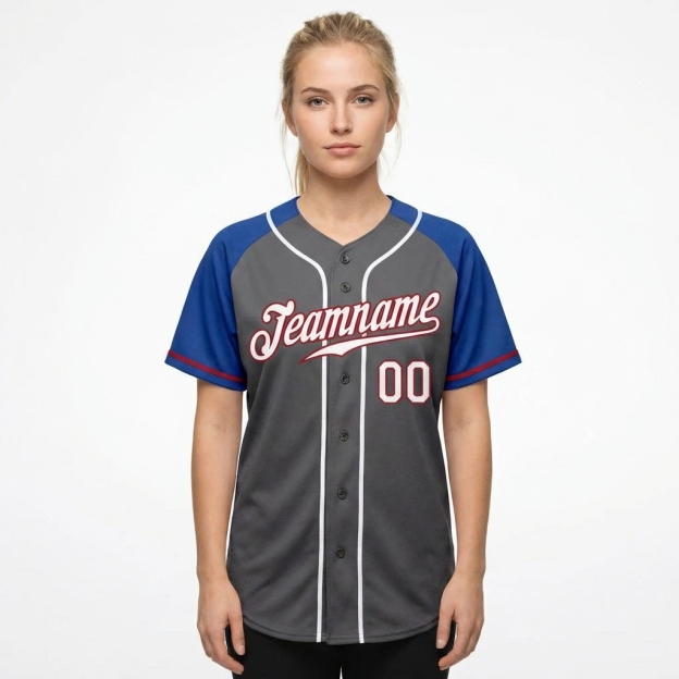 Custom Dark Grey & White/Blue Raglan Sleeves Baseball Jersey