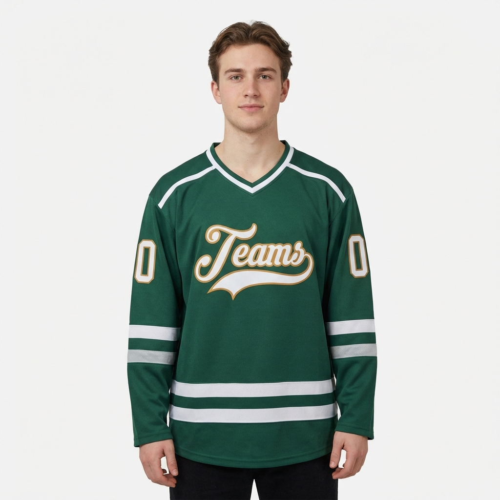 Custom Dark Green & White/Yellow Hockey Jersey