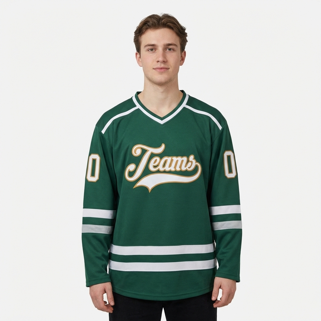 Custom Dark Green & White/Yellow Hockey Jersey
