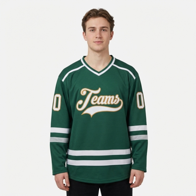 Custom Dark Green & White/Yellow Hockey Jersey