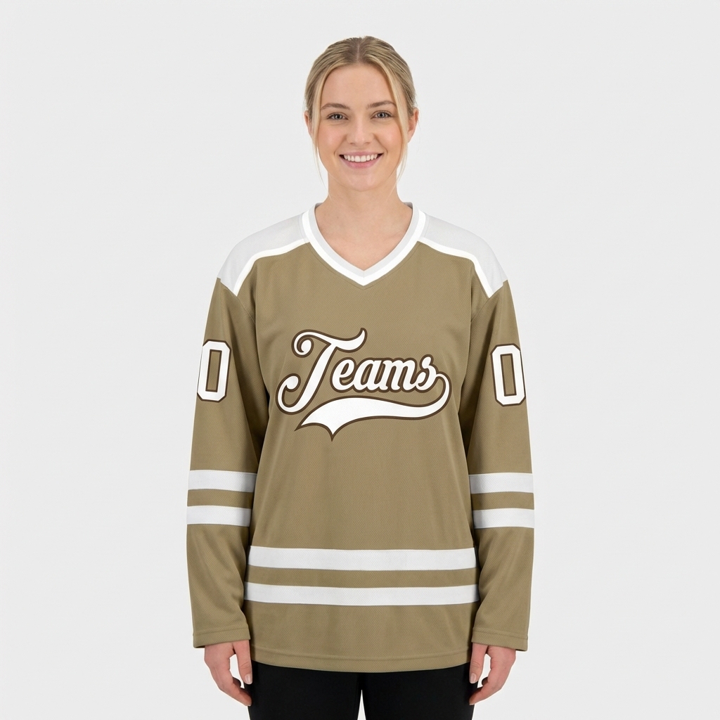 Custom Khaki & White/Brown Hockey Jersey