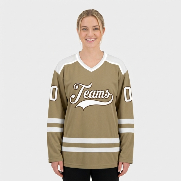 Custom Khaki & White/Brown Hockey Jersey