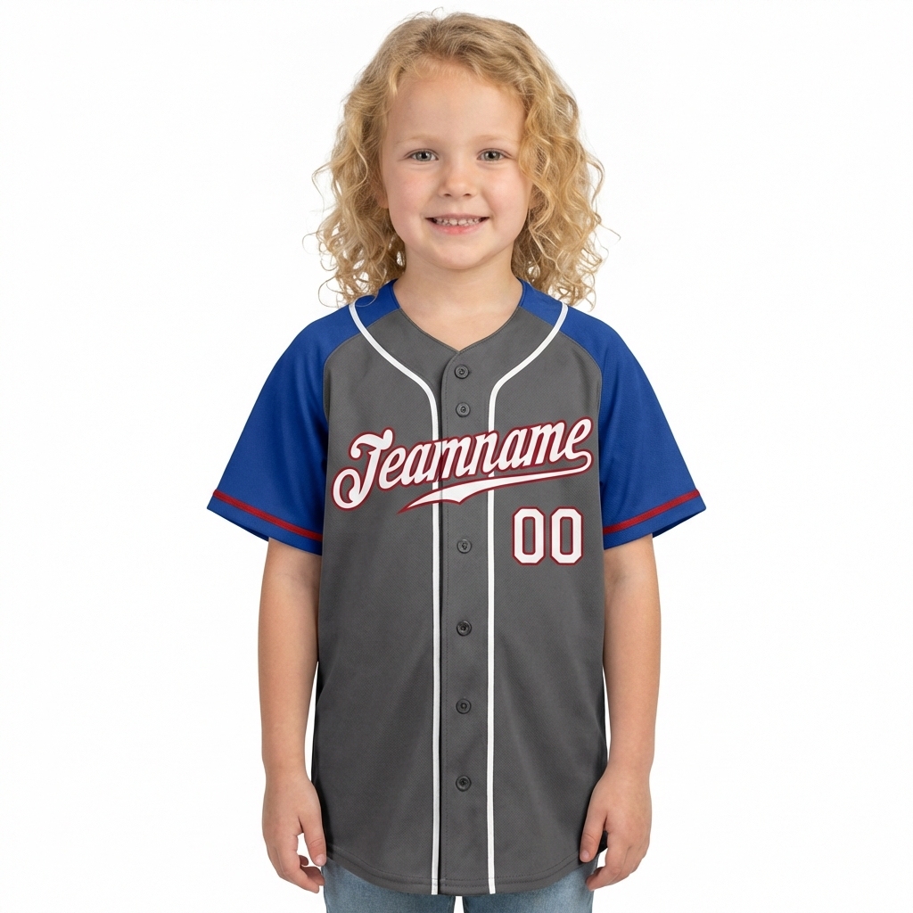 Custom Dark Grey & White/Blue Raglan Sleeves Baseball Jersey