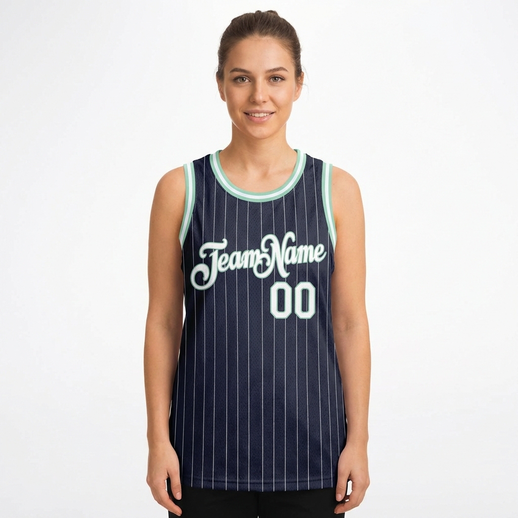 Custom Navy & White/Green Pinstripes Basketball City Edition Jersey