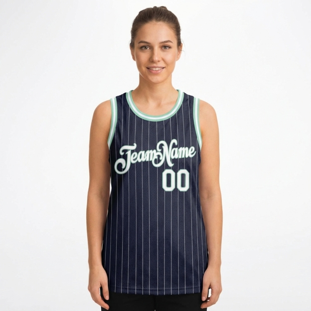Custom Navy & White/Green Pinstripes Basketball City Edition Jersey