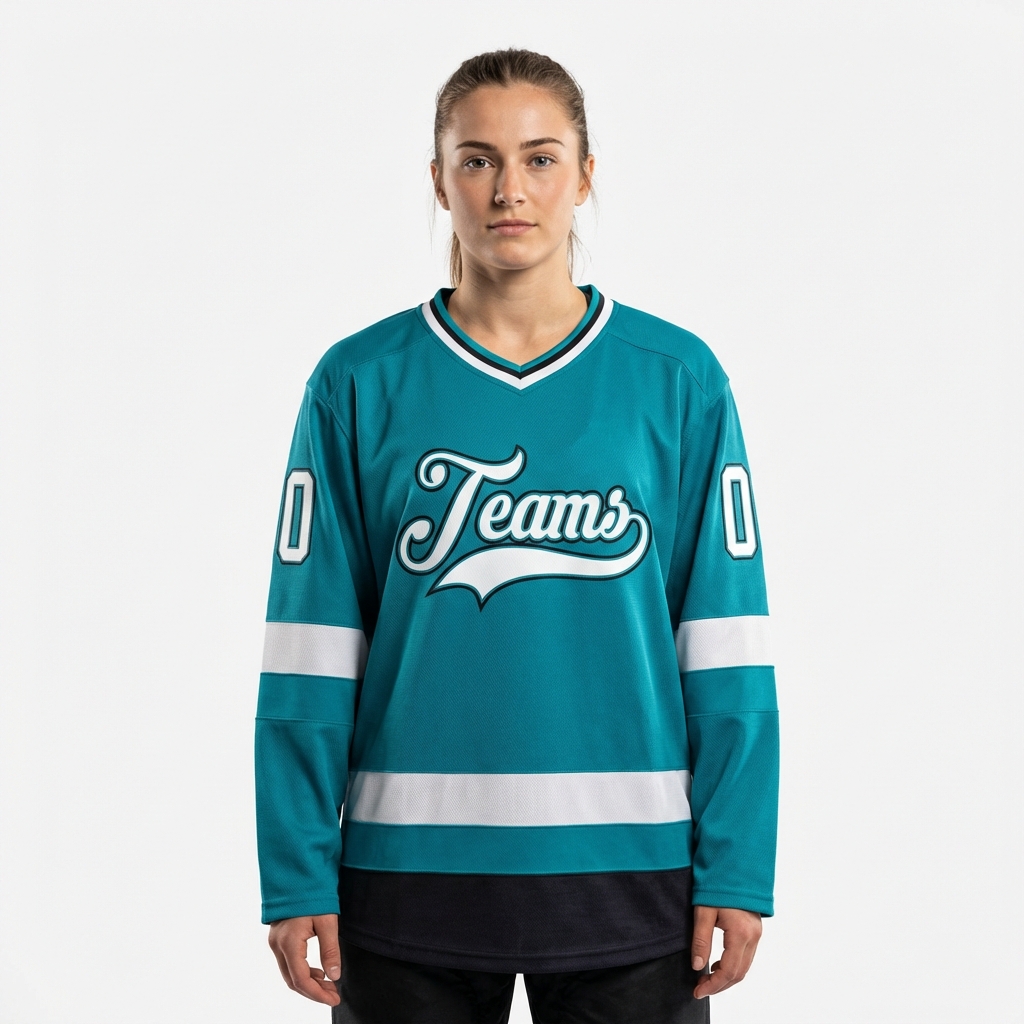 Custom Aqua & White/Black Hockey Jersey