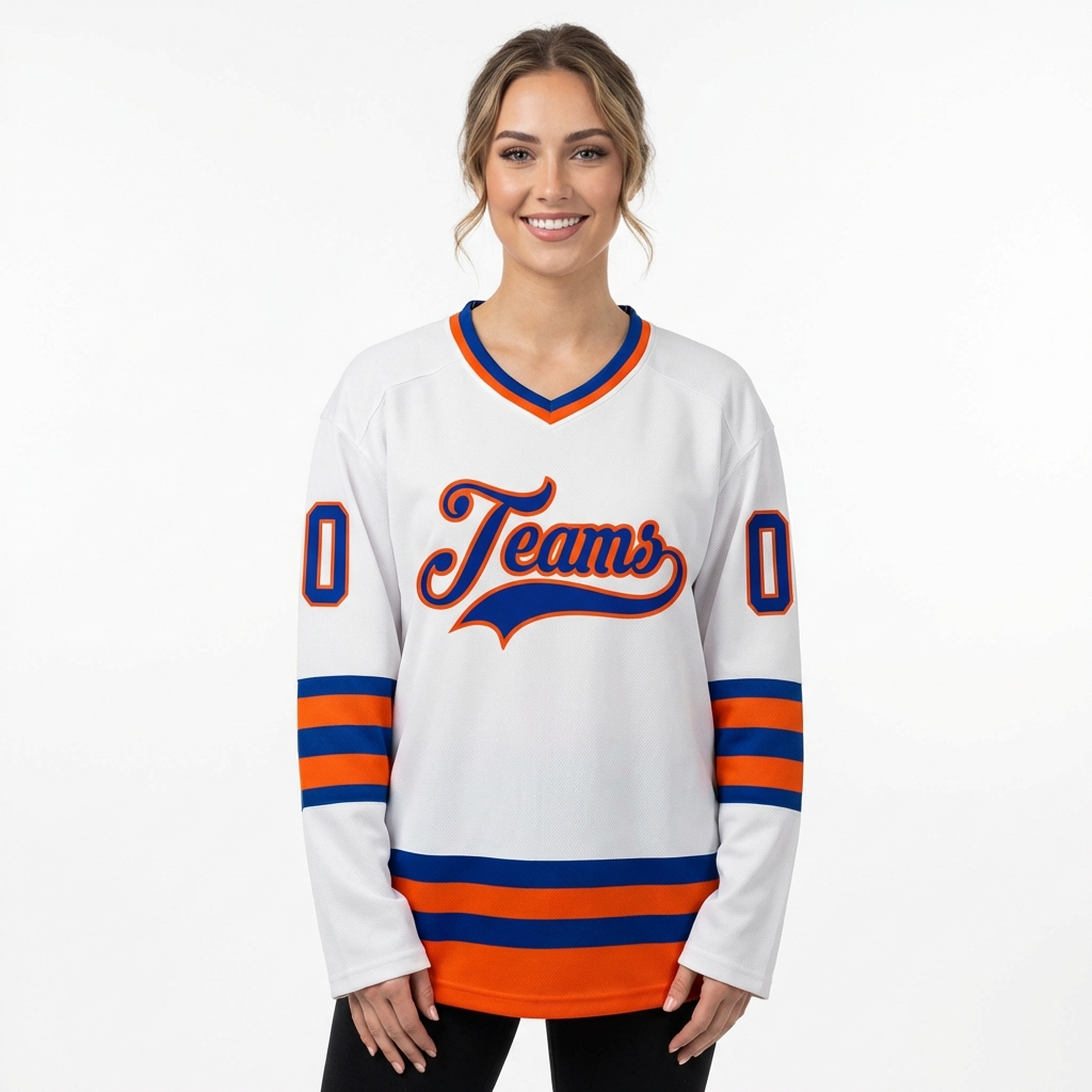 Custom White & Royal/Orange Hockey Jersey