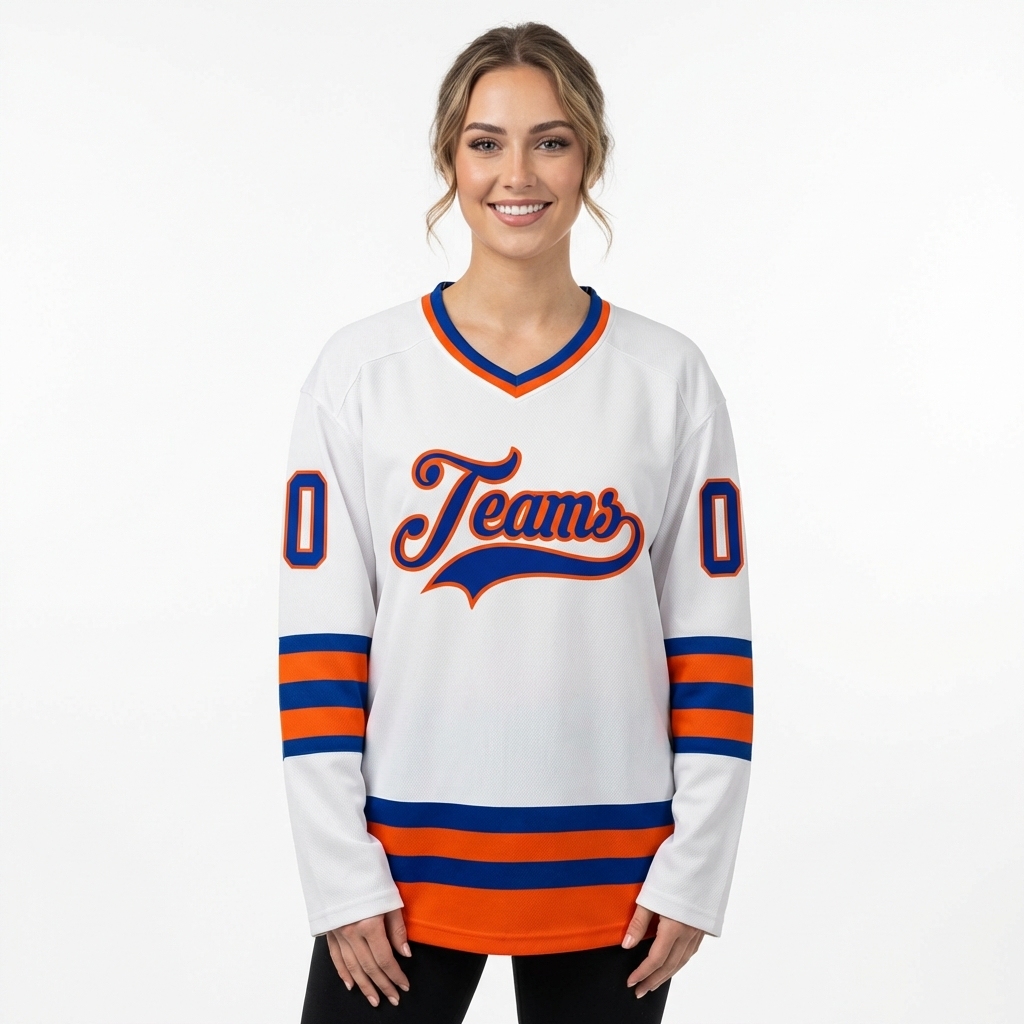 Custom White & Royal/Orange Hockey Jersey