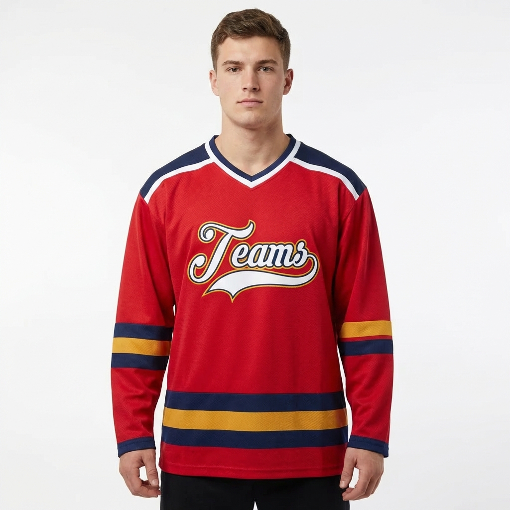 Custom Red & White/Navy-Gold Hockey Jersey