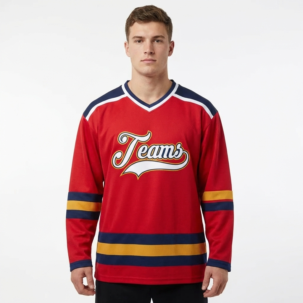 Custom Red & White/Navy-Gold Hockey Jersey